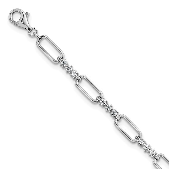 Sterling Silver Rhodium-plated Polished CZ and Paperclip Link 7 Inch with 1 Inch Extension Bracelet