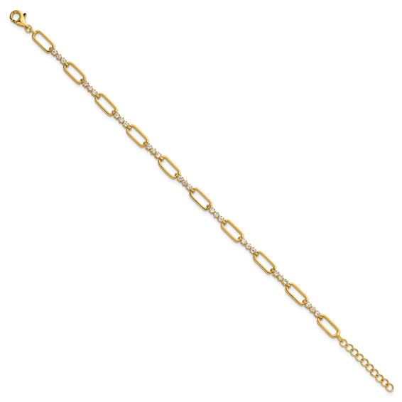 Sterling Silver Gold-tone Polished CZ and Paperclip Link 7 Inch with 1 Inch Extension Bracelet