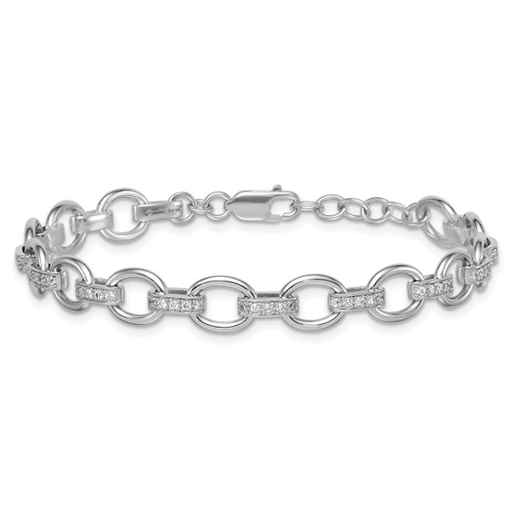 Sterling Silver Rhodium-plated Oval Link with CZ Bars 7 inch with 0.75 inch Extension Bracelet
