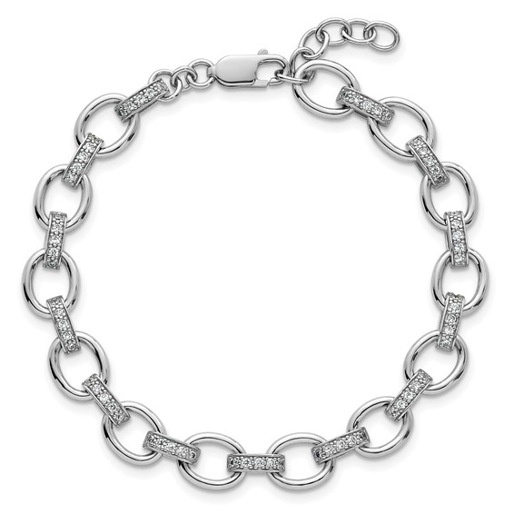 Sterling Silver Rhodium-plated Oval Link with CZ Bars 7 inch with 0.75 inch Extension Bracelet