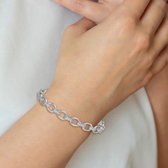 Sterling Silver Rhodium-plated Oval Link with CZ Bars 7 inch with 0.75 inch Extension Bracelet
