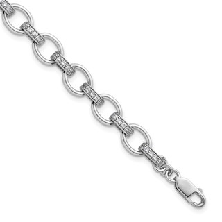 Sterling Silver Rhodium-plated Oval Link with CZ Bars 7 inch with 0.75 inch Extension Bracelet