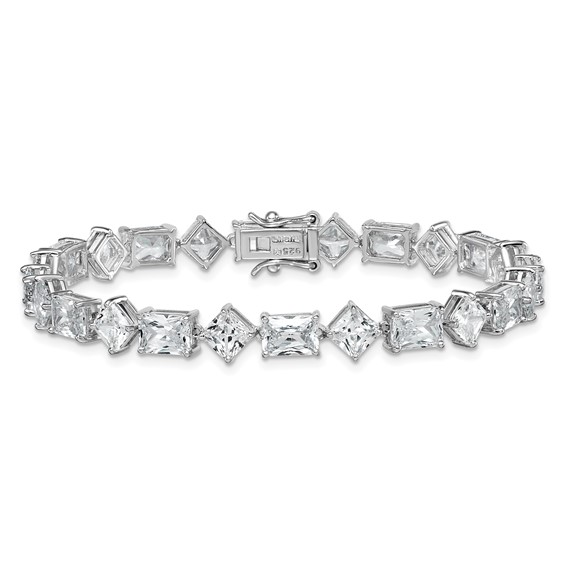Sterling Silver Rhodium-plated Polished Fancy Princess and Emerald-cut CZ 7.25 Inch Bracelet
