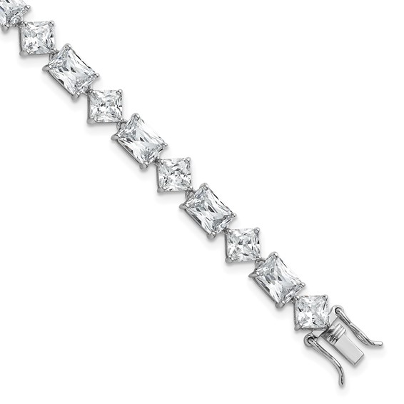 Sterling Silver Rhodium-plated Polished Fancy Princess and Emerald-cut CZ 7.25 Inch Bracelet
