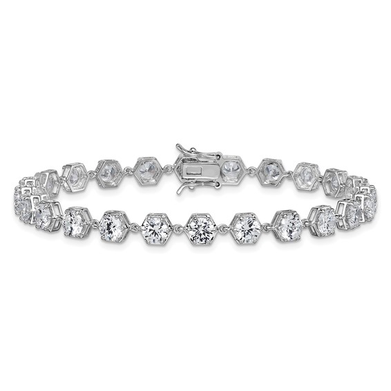 Sterling Silver Rhodium-plated Polished Round CZ in Hexagon Setting 8 Inch Bracelet
