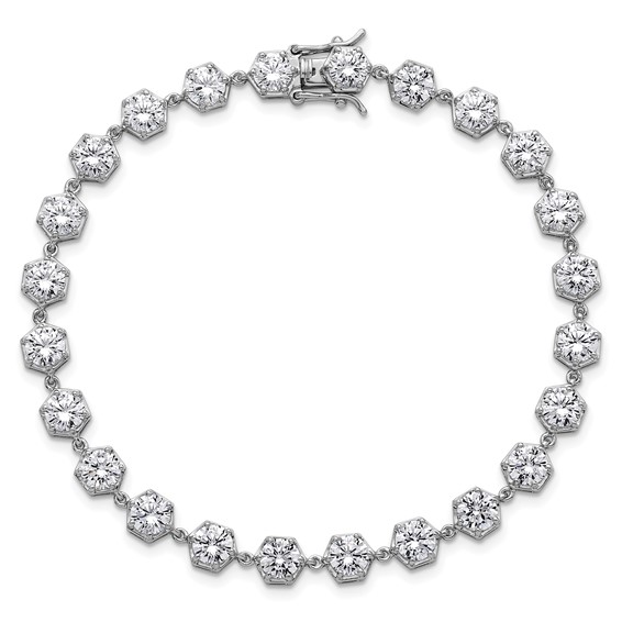 Sterling Silver Rhodium-plated Polished Round CZ in Hexagon Setting 8 Inch Bracelet
