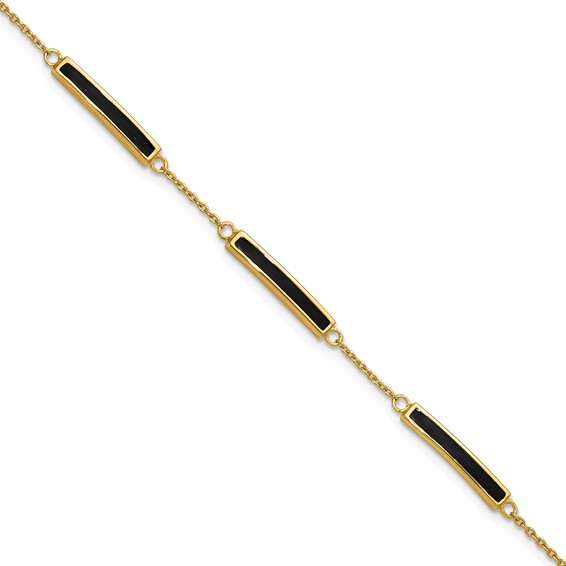 Sterling Silver Gold-plated Polished Black Enameled Bars 7 inch with 0.5 inch extension Bracelet