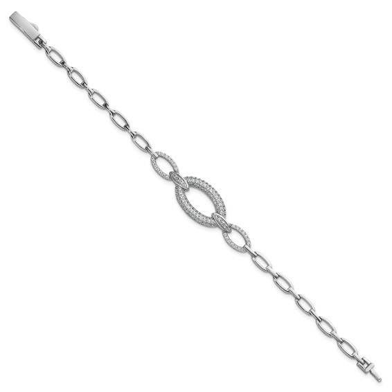 Sterling Silver Rhodium-plated Polished CZ Oval Link 7 inch Bracelet
