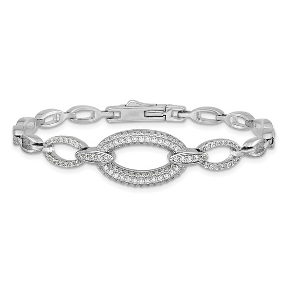 Sterling Silver Rhodium-plated Polished CZ Oval Link 7 inch Bracelet