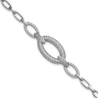 Sterling Silver Rhodium-plated Polished CZ Oval Link 7 inch Bracelet