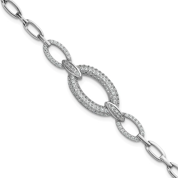 Sterling Silver Rhodium-plated Polished CZ Oval Link 7 inch Bracelet