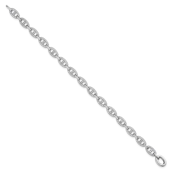 Sterling Silver Rhodium-plated Polished CZ Anchor/Mariner Link 7.25 inch Bracelet