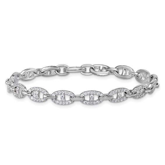 Sterling Silver Rhodium-plated Polished CZ Anchor/Mariner Link 7.25 inch Bracelet
