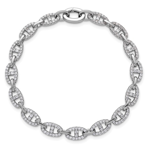 Sterling Silver Rhodium-plated Polished CZ Anchor/Mariner Link 7.25 inch Bracelet