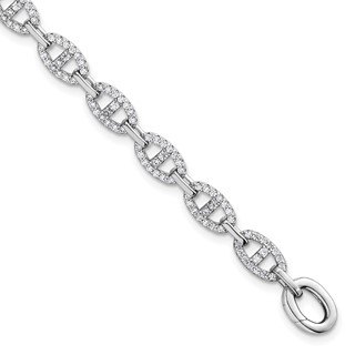 Sterling Silver Rhodium-plated Polished CZ Anchor/Mariner Link 7.25 inch Bracelet