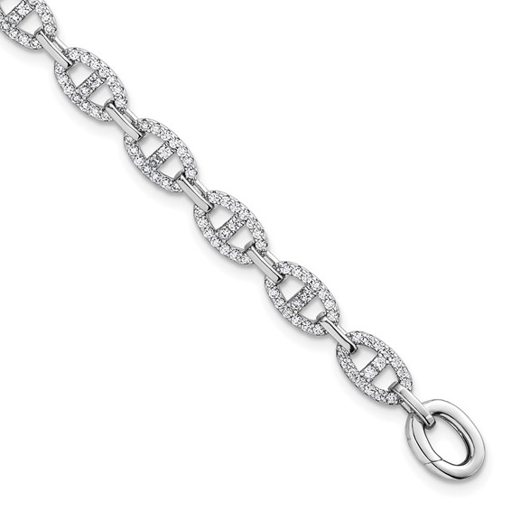 Sterling Silver Rhodium-plated Polished CZ Anchor/Mariner Link 7.25 inch Bracelet