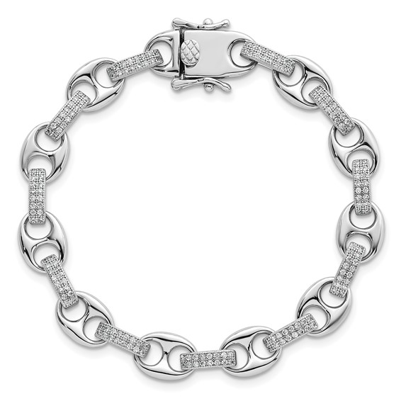 Sterling Silver Rhodium-plated Polished CZ Oval and Mariner Link 7 Inch Bracelet