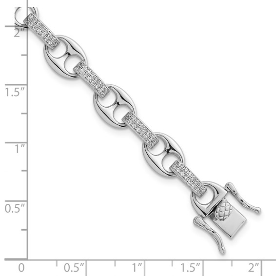Sterling Silver Rhodium-plated Polished CZ Oval and Mariner Link 7 Inch Bracelet