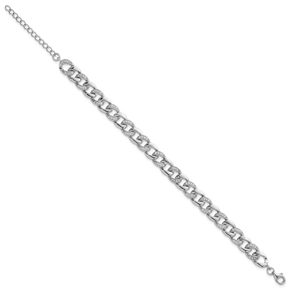 Sterling Silver Rhodium-plated Polished CZ 8.00mm Curb Link 7 Inch with 1.5 Inch Extension Bracelet