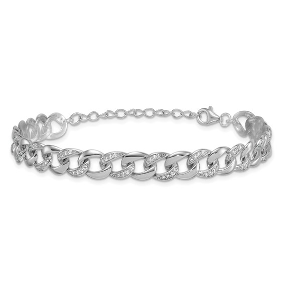 Sterling Silver Rhodium-plated Polished CZ 8.00mm Curb Link 7 Inch with 1.5 Inch Extension Bracelet