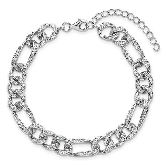 Sterling Silver Rhodium-plated Polished CZ 8.5mm Figaro Link 7 Inch with 1.5 Inch Extension Bracelet
