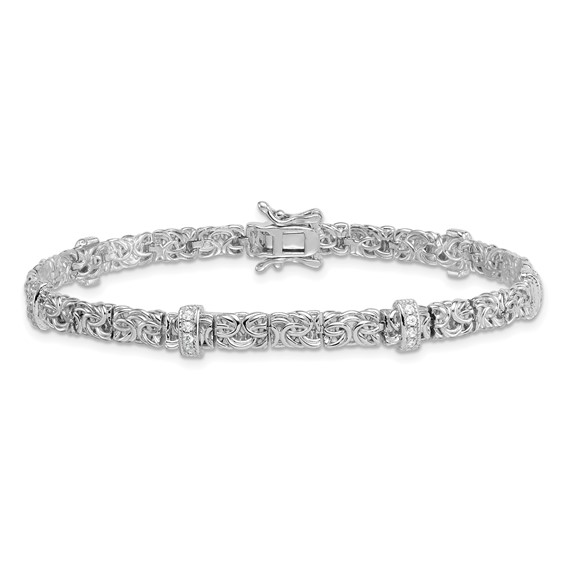 Sterling Silver Rhodium-plated Polished CZ and Byzantine Link 7.75 Inch Bracelet