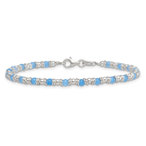Sterling Silver Polished Blue Agate Beaded 7.5 inch Bracelet