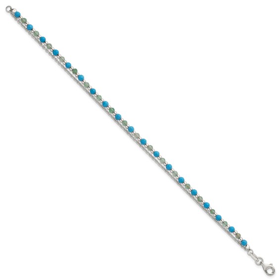 Sterling Silver Polished Green Aventurine and Turquoise Beaded Double Strand 7.5 inch Bracelet
