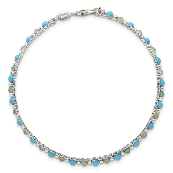Sterling Silver Polished Green Aventurine and Turquoise Beaded Double Strand 7.5 inch Bracelet