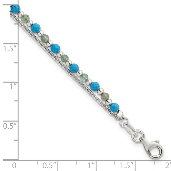Sterling Silver Polished Green Aventurine and Turquoise Beaded Double Strand 7.5 inch Bracelet