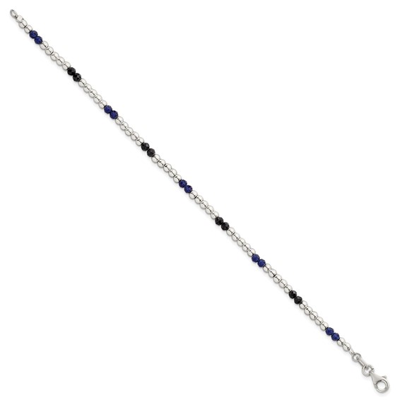 Sterling Silver Polished Blue Agate and Spinel Beaded 7.5 inch Bracelet