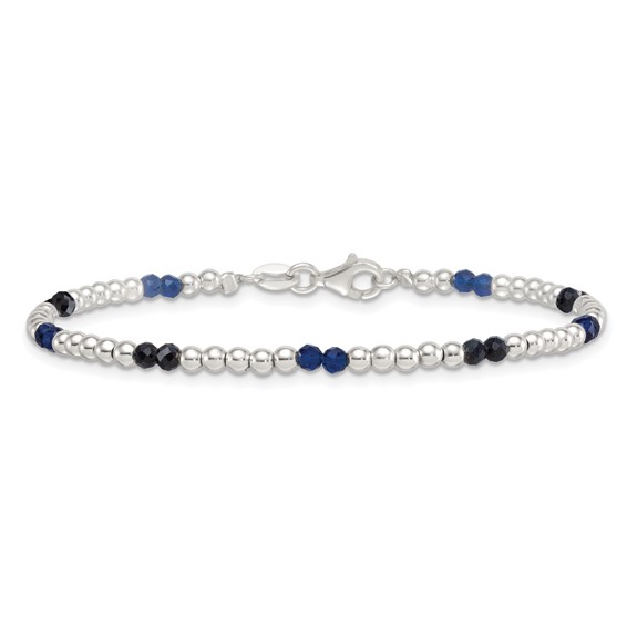 Sterling Silver Polished Blue Agate and Spinel Beaded 7.5 inch Bracelet