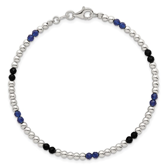 Sterling Silver Polished Blue Agate and Spinel Beaded 7.5 inch Bracelet