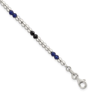 Sterling Silver Polished Blue Agate and Spinel Beaded 7.5 inch Bracelet