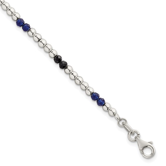 Sterling Silver Polished Blue Agate and Spinel Beaded 7.5 inch Bracelet
