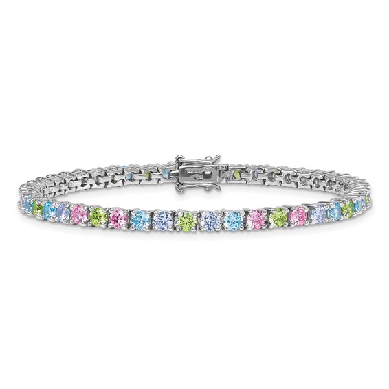"Sterling Silver Rhodium-plated Polished Pastel Green, Pink, Blue and Purple CZ 7.25 inch Bracelet"