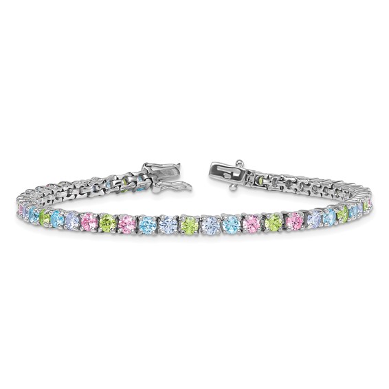 "Sterling Silver Rhodium-plated Polished Pastel Green, Pink, Blue and Purple CZ 7.25 inch Bracelet"
