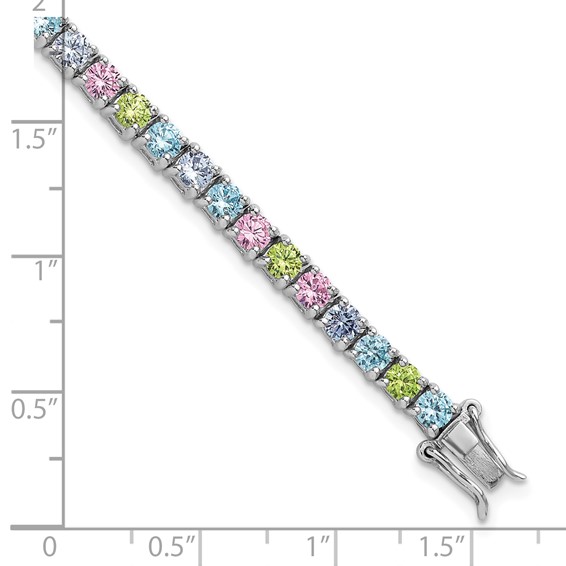 "Sterling Silver Rhodium-plated Polished Pastel Green, Pink, Blue and Purple CZ 7.25 inch Bracelet"