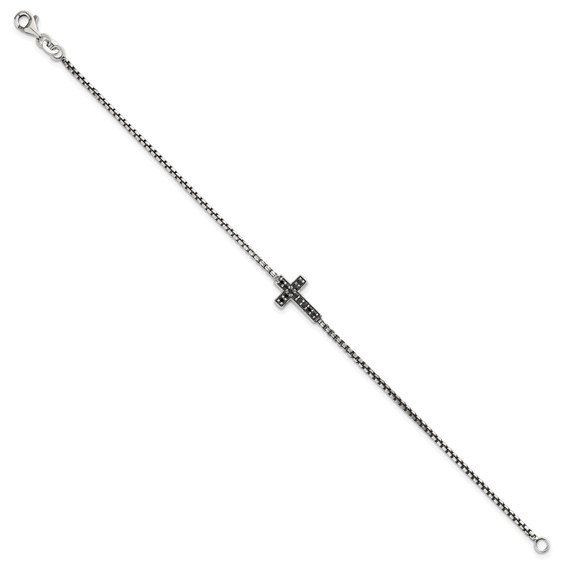 Sterling Silver Polished and Antiqued Black CZ Cross 7.5 inch Bracelet