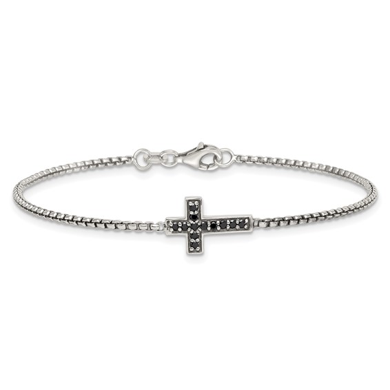 Sterling Silver Polished and Antiqued Black CZ Cross 7.5 inch Bracelet