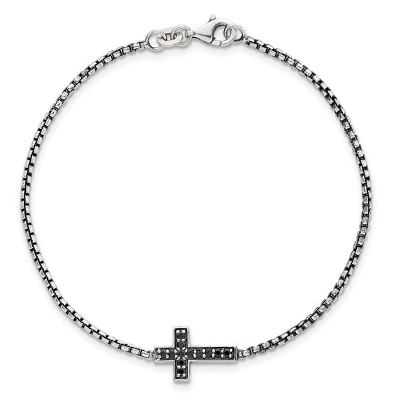 Sterling Silver Polished and Antiqued Black CZ Cross 7.5 inch Bracelet