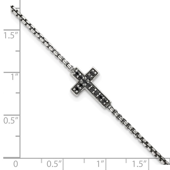 Sterling Silver Polished and Antiqued Black CZ Cross 7.5 inch Bracelet