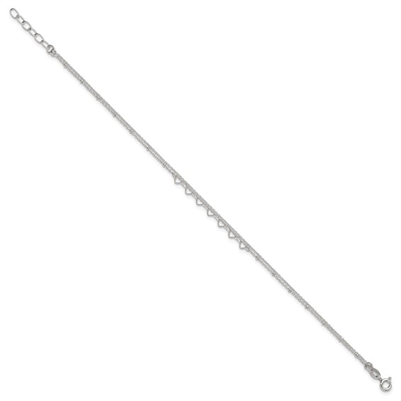 Sterling Silver Beaded Hearts Double Strand 9 inch with 1 inch Extender - Total 10 inch Anklet