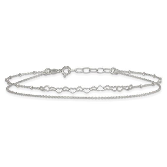 Sterling Silver Beaded Hearts Double Strand 9 inch with 1 inch Extender - Total 10 inch Anklet