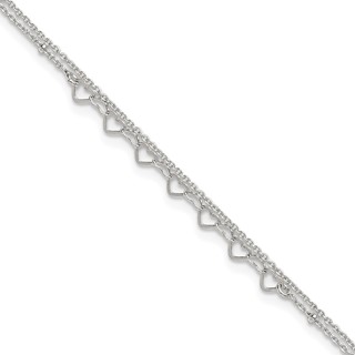 Sterling Silver Beaded Hearts Double Strand 9 inch with 1 inch Extender - Total 10 inch Anklet