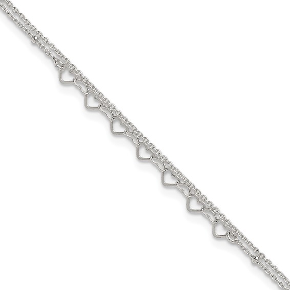 Sterling Silver Beaded Hearts Double Strand 9 inch with 1 inch Extender - Total 10 inch Anklet