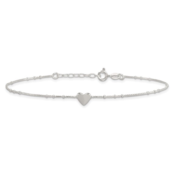 Sterling Silver Heart and Beads 9 inch with 1 inch Extender - Total 10 inch Anklet