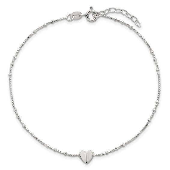 Sterling Silver Heart and Beads 9 inch with 1 inch Extender - Total 10 inch Anklet