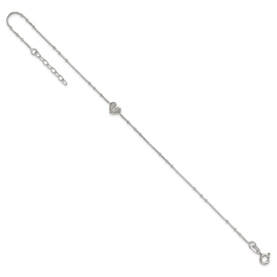 Sterling Silver Heart and Beads 9 inch with 1 inch Extender - Total 10 inch Anklet