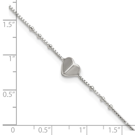 Sterling Silver Heart and Beads 9 inch with 1 inch Extender - Total 10 inch Anklet